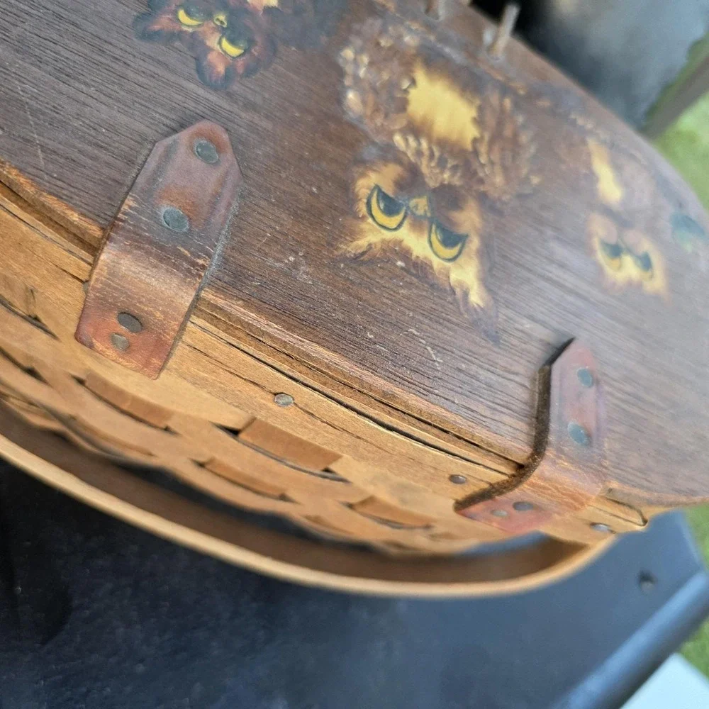 Vintage Hand Painted Owl Basket Wood Woven Lid‎ Signed 1979 Primitive Folk Art
